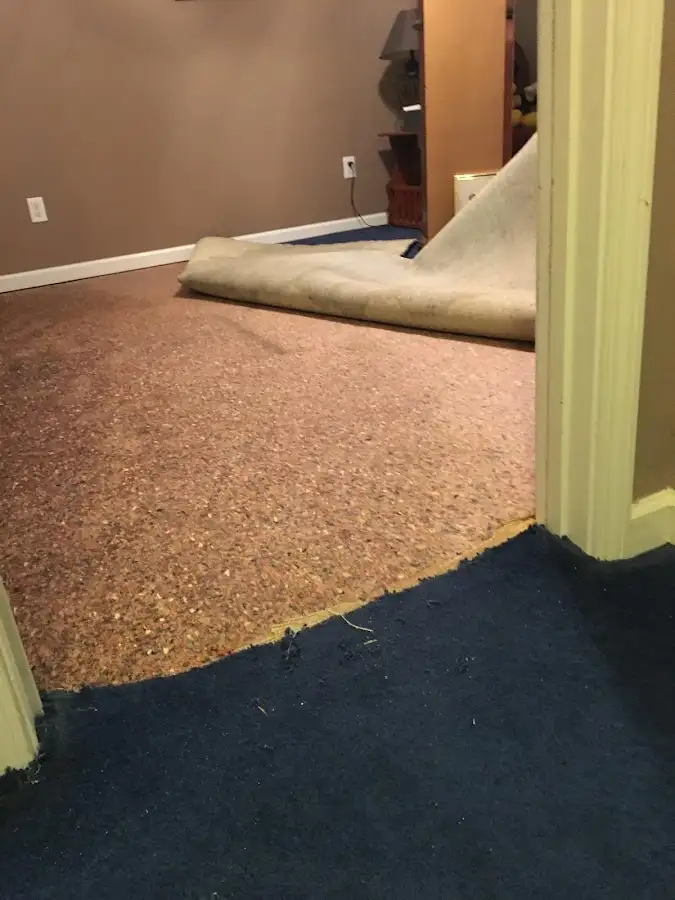 Carpet pad removal revealing water damage during Water Mitigation Services in North Syracuse